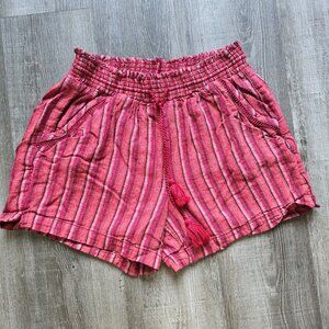 Briggs Shorts Red Linen Womens Large Striped Tassels Pockets Bohemian Festival